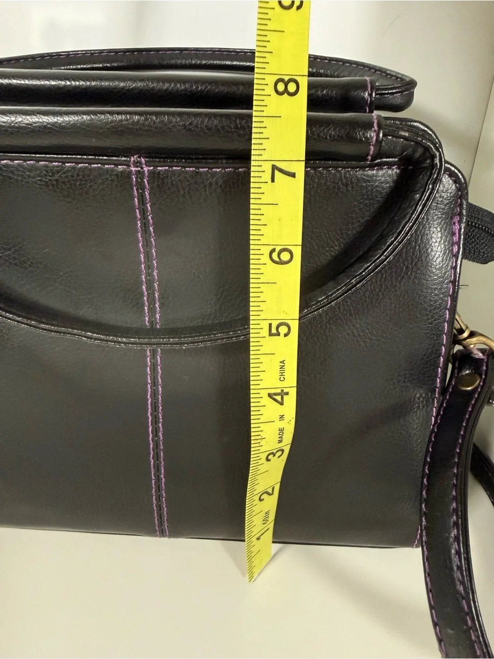 Vintage Esprit Black Top Handle Crossbody Purse with Purple Contrast Stitching